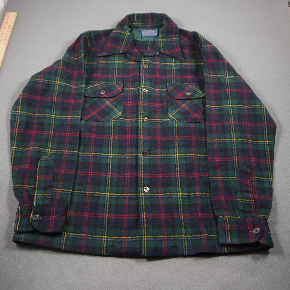 Pendleton Vintage Plaid Wool Men Board Shirt L Green Blue Retro Cabin Flannel - Picture 3 of 16